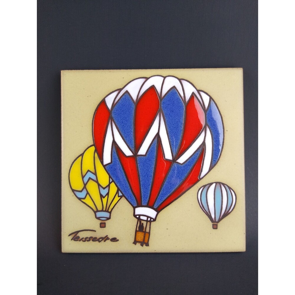 Vintage Ceramic Tile Trivet Hand Painted Hot Air Balloon Cleo Teiss